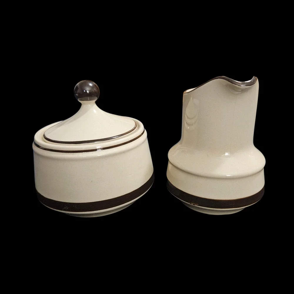Strawberries Stoneware Creamer Sugar Bowl Set Japan Brown Band Vintage